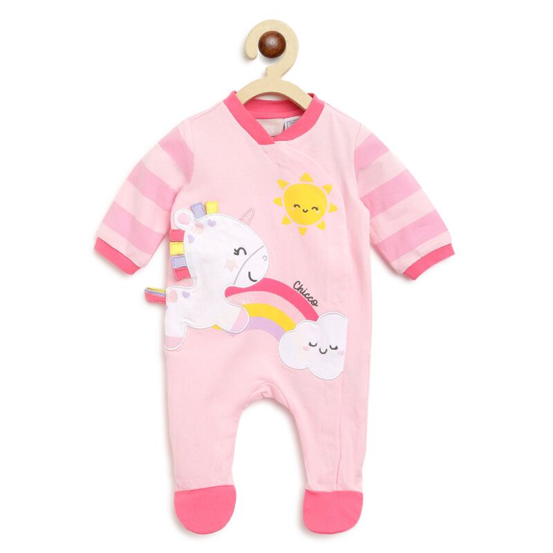 Girls Light Pink Printed Front Opening Babysuit image number 0